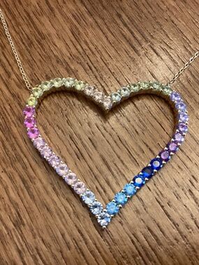 SILVER NECKLACE MARKED 925 WITH GOLD OVERLAY 16 TO 18” 2 INCH HEART RHINESTONES